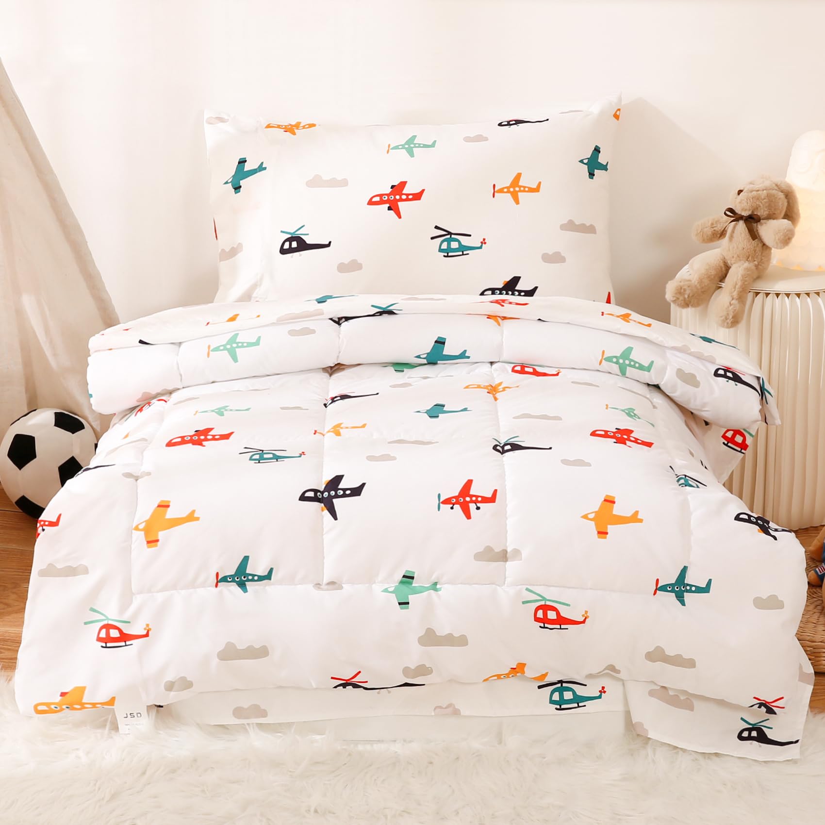 JSD Airplane Toddler Comforter Sheet Set, 4 Piece Toddler Bedding Set Soft Microfiber Toddler Sheet Set with Comforter