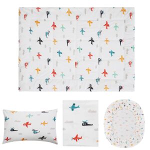 JSD Airplane Toddler Comforter Sheet Set, 4 Piece Toddler Bedding Set Soft Microfiber Toddler Sheet Set with Comforter