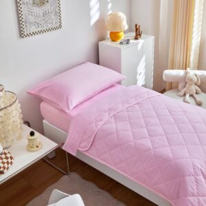 Pink Quilted Toddler Bedding Set 4 Pieces Summer Toddler Bed Quilt Set Includes Toddler Size Bedspread, Flat Sheet, Fitted Sheet and Pillowcase