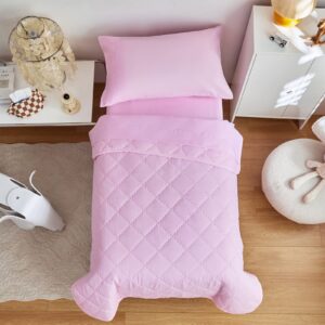 Pink Quilted Toddler Bedding Set 4 Pieces Summer Toddler Bed Quilt Set Includes Toddler Size Bedspread, Flat Sheet, Fitted Sheet and Pillowcase