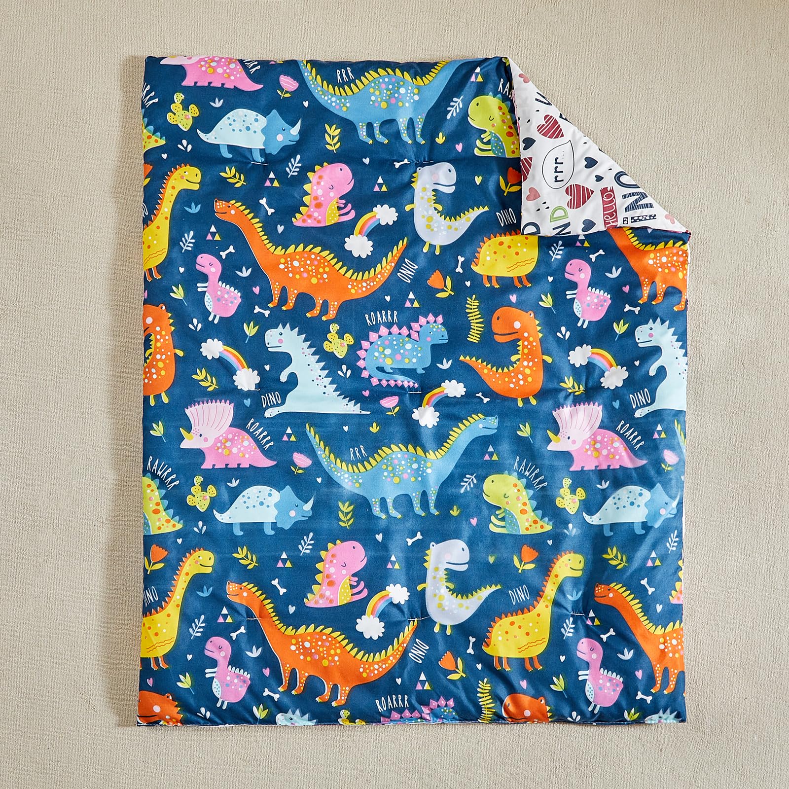 Dinosaur Crib Bedding Set - 3 Pieces Navy Dino Baby Quilted Crib Comforter with Crib Fitted Sheet and Crib Skirt for Boys Girls Cute Colorful Baby Bed Set with Blue Pink Orange Yellow Dinosaurs