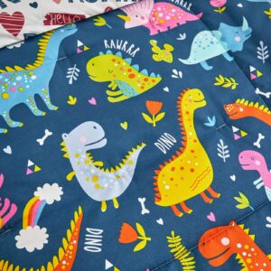 Dinosaur Crib Bedding Set - 3 Pieces Navy Dino Baby Quilted Crib Comforter with Crib Fitted Sheet and Crib Skirt for Boys Girls Cute Colorful Baby Bed Set with Blue Pink Orange Yellow Dinosaurs