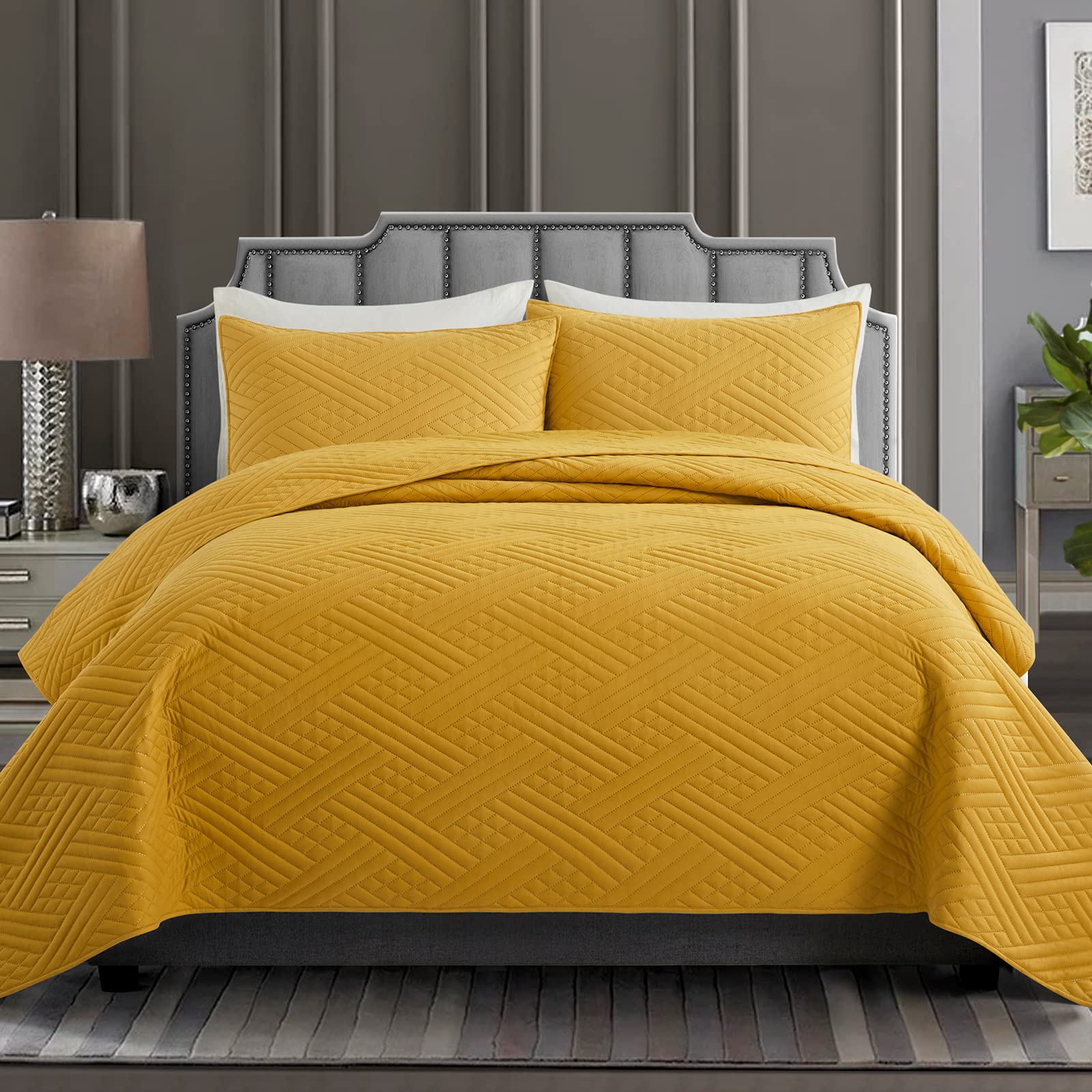 Safonory Quilted Bedspreads Full/Queen Size(90"x96", Mustard Yellow) - Summer Soft Lightweight Microfiber Ultrasonic Embossed Quilt Coverlet Set for Queen Bed - 3 Pieces Bedding Set(1 Quilt, 2 Shams)