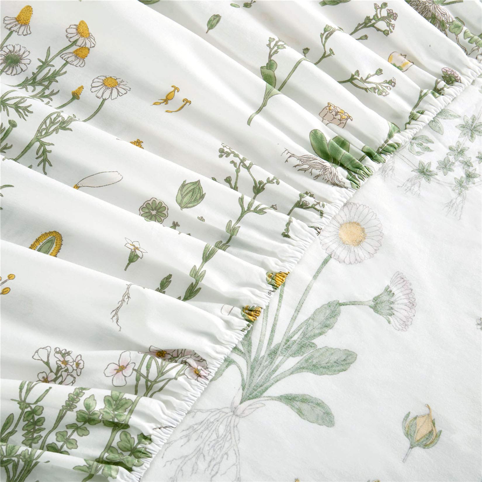 Wake In Cloud - Botanical Bed Sheets, 100% Cotton, 4-Piece Sheet Set, Cute Floral Shabby Chic Cottagecore Coquette Flower Aesthetic Bedding, Deep Pocket, Yellow Green, Full Size