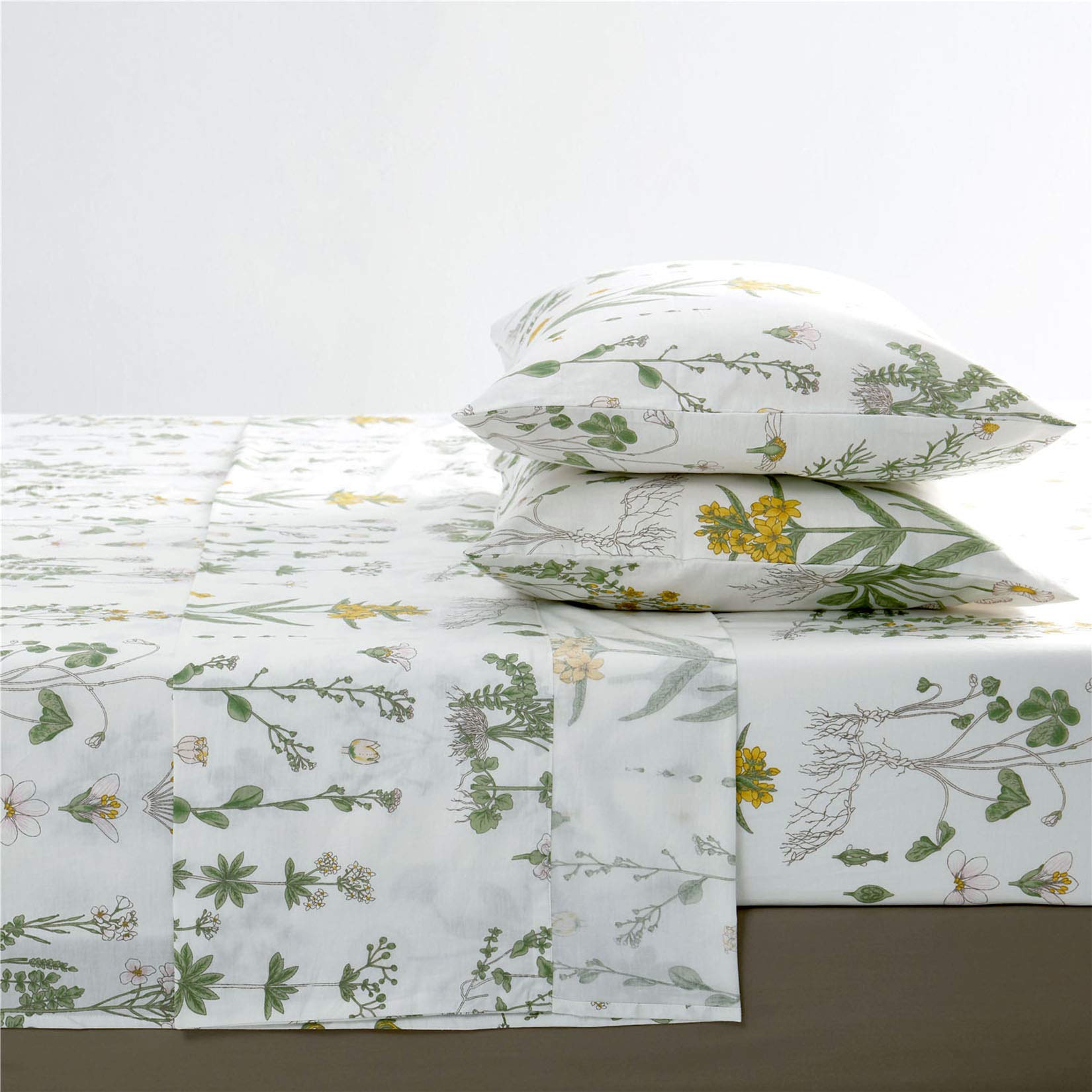 Wake In Cloud - Botanical Bed Sheets, 100% Cotton, 4-Piece Sheet Set, Cute Floral Shabby Chic Cottagecore Coquette Flower Aesthetic Bedding, Deep Pocket, Yellow Green, Full Size