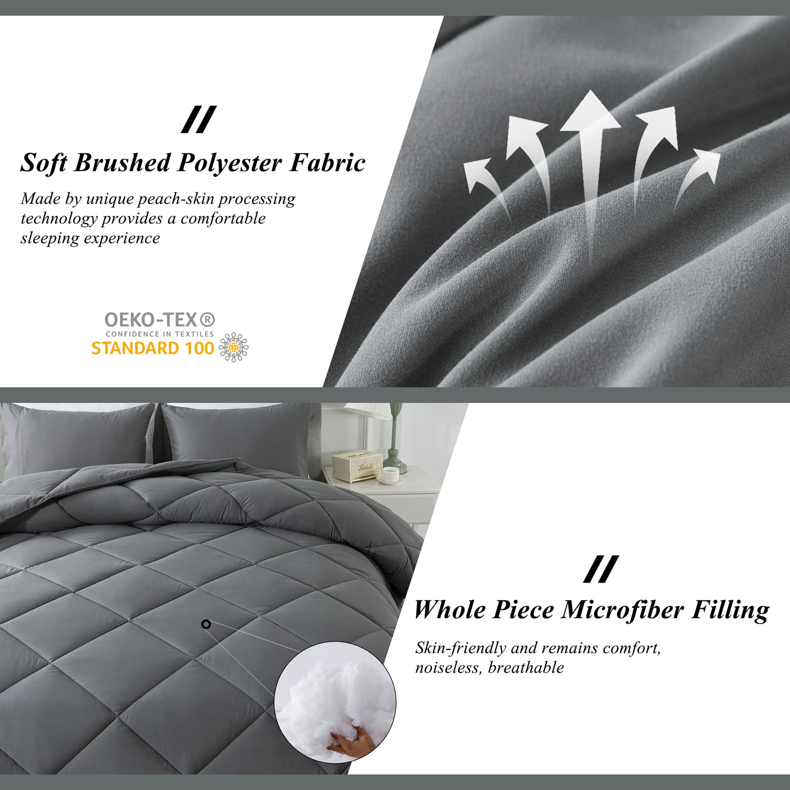 ELNIDO QUEEN® Grey Queen Comforter Set with 2 Pillow Shams - 3 Pieces Bed Comforter Set - Gray Down Alternative Comforter Set - Lightweight All Season Bedding Comforter Sets Queen Size(88x92 inch)