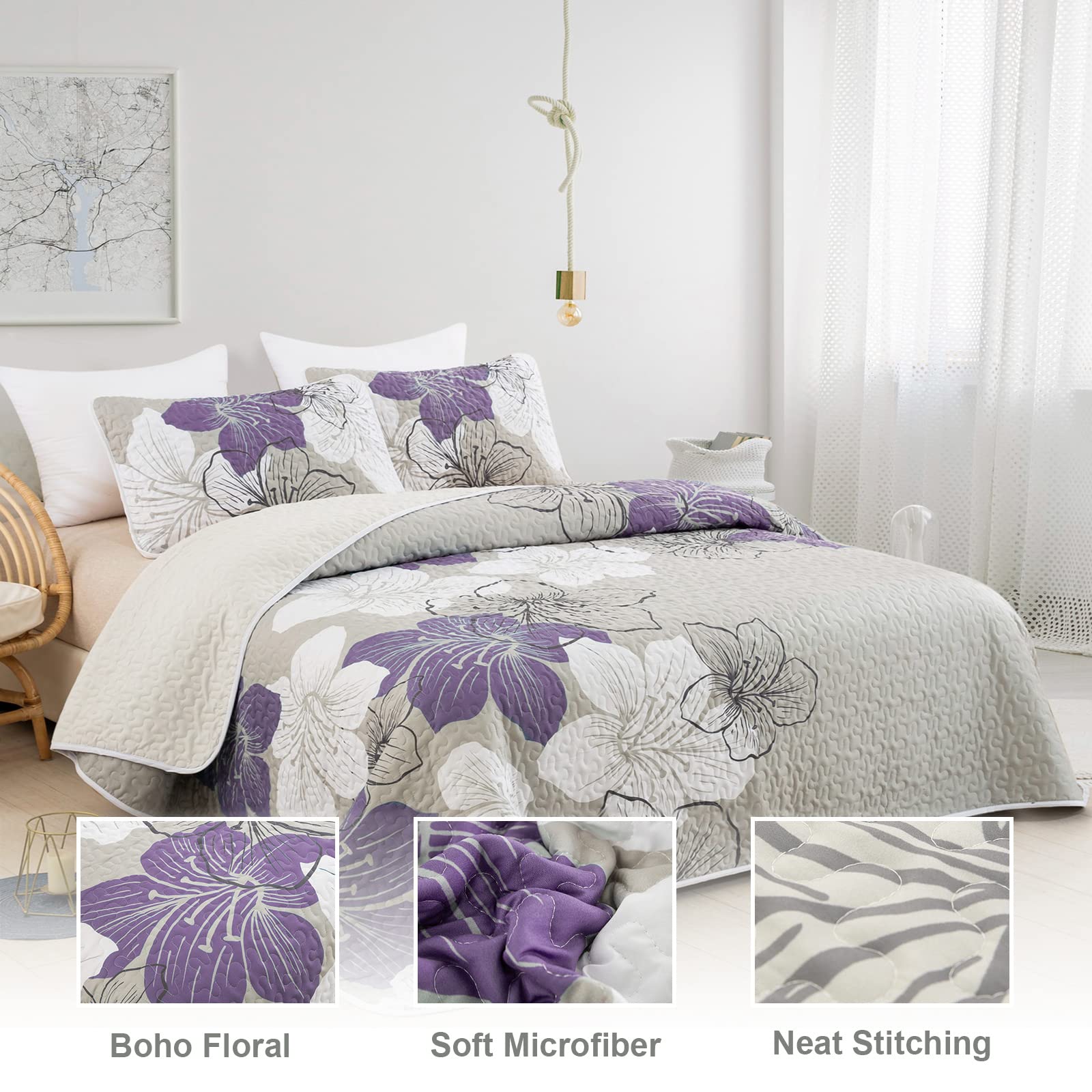 DJY 3 Pieces Quilt Set King Purple Lily Pattern Quilt Coverlet Set Boho Floral Bedspread with 2 Pillow Shams Lightweight Microfiber Elegant Bedding Quilt Set All Season (Purple, 104"x90")