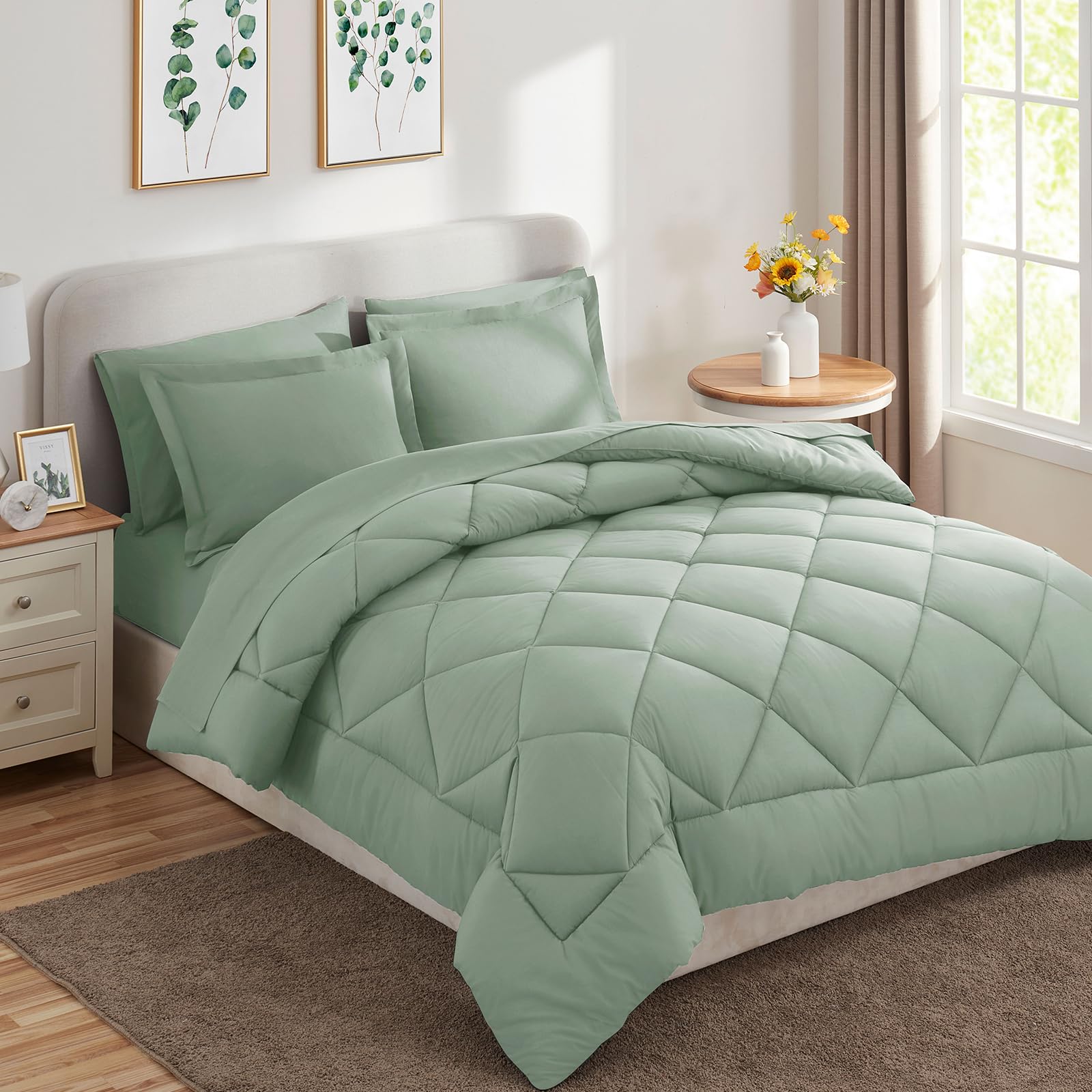 CozyLux Queen Comforter Set with Sheets 7 Pieces Bed in a Bag Sage Green All Season Bedding Sets with Comforter, Pillow Shams, Flat Sheet, Fitted Sheet and Pillowcases