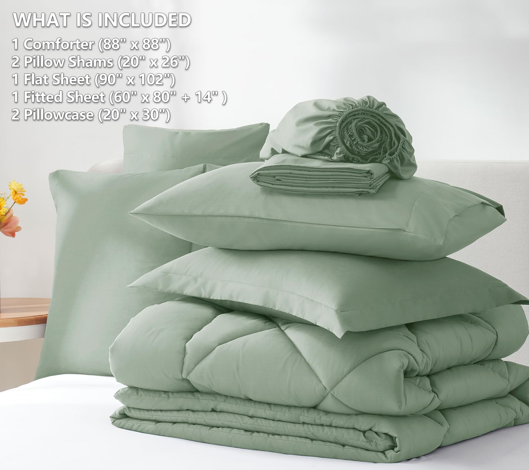 CozyLux Queen Comforter Set with Sheets 7 Pieces Bed in a Bag Sage Green All Season Bedding Sets with Comforter, Pillow Shams, Flat Sheet, Fitted Sheet and Pillowcases