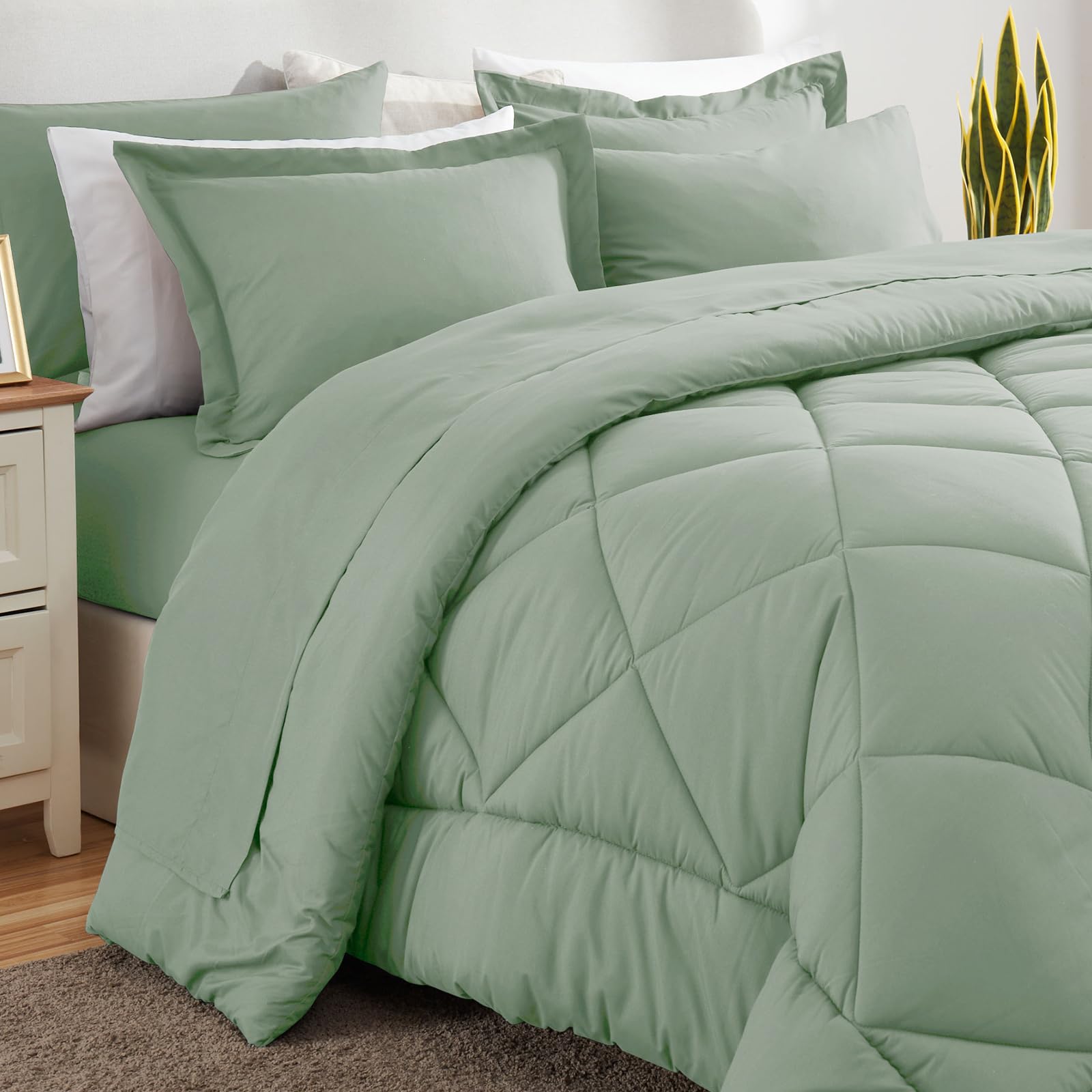 CozyLux Queen Comforter Set with Sheets 7 Pieces Bed in a Bag Sage Green All Season Bedding Sets with Comforter, Pillow Shams, Flat Sheet, Fitted Sheet and Pillowcases