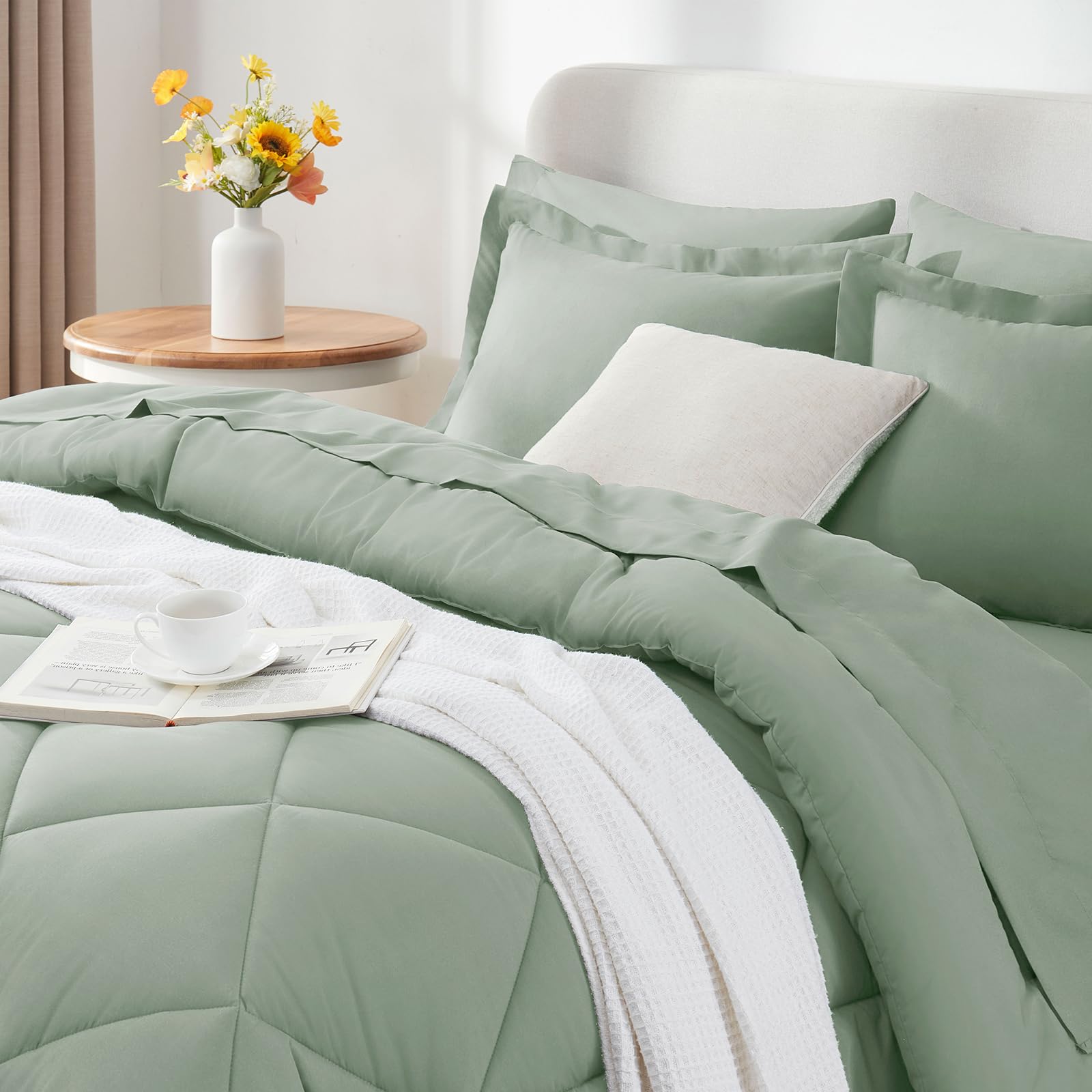 CozyLux Queen Comforter Set with Sheets 7 Pieces Bed in a Bag Sage Green All Season Bedding Sets with Comforter, Pillow Shams, Flat Sheet, Fitted Sheet and Pillowcases