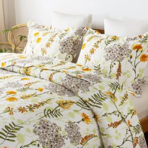 HoneiLife Queen Quilt Bedding Set - 3 Pieces Microfiber Quilt sets Lightweight Bedspreads Reversible Coverlets Retro Bed Cover Floral Bedding Set All Season Quilts-Yellow