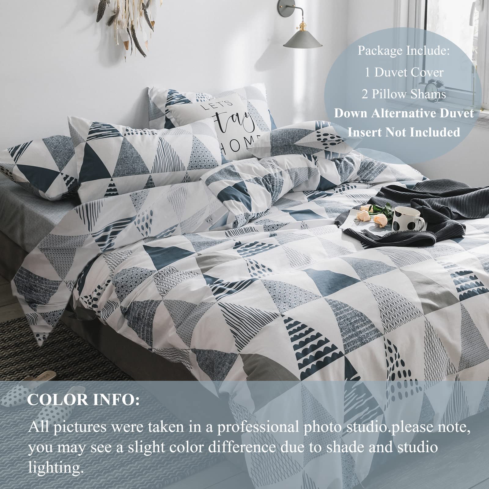 VClife Cotton Duvet Cover Queen Size, Queen Gray Blue White Triangle Bedding Sets Modern Style Geometric Duvet Cover, Zipper Closure & Corner Ties, Breathable, Lightweight