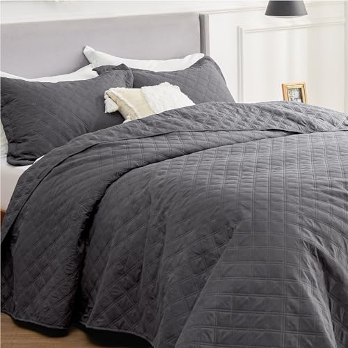 Bedsure King Size Quilt Set - Soft Ultrasonic Quilt King Size - Diamond Bedspread King Size - Lightweight Bedding Coverlet for All Seasons (Includes 1 Grey Quilt, 2 Pillow Shams)