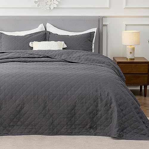 Bedsure King Size Quilt Set - Soft Ultrasonic Quilt King Size - Diamond Bedspread King Size - Lightweight Bedding Coverlet for All Seasons (Includes 1 Grey Quilt, 2 Pillow Shams)