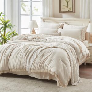 Andency Queen Comforter Set with Sheets Beige -7 Pieces Boho Tassel Bed in a Bag Soft Lightweight Bedding Sets, All Season Fringe Bed Set with Comforter, Sheets, Pillowcases & Shams