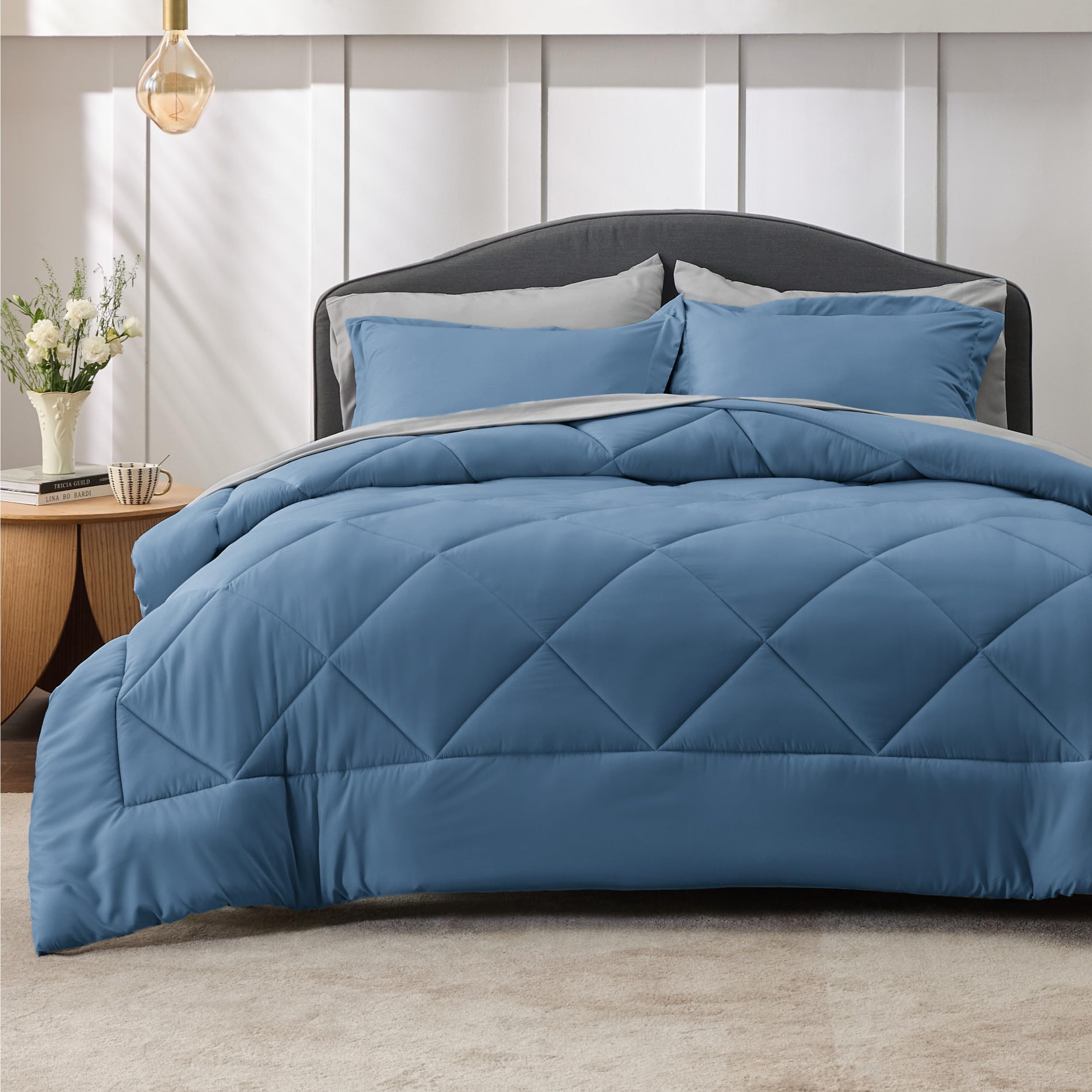 Bedsure Blue Full Comforter Set - 7 Pieces Reversible Bed Set Bed in a Bag Full with Comforters, Sheets, Pillowcases & Shams, Full Bedding Sets