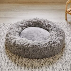 UOZZI BEDDING Plush Faux Fur Round Pet Cat Dog Bed, Comfortable Fuzzy Donut Cuddler Cushion Soft Shaggy and Warm for Winter 22" (Gray)