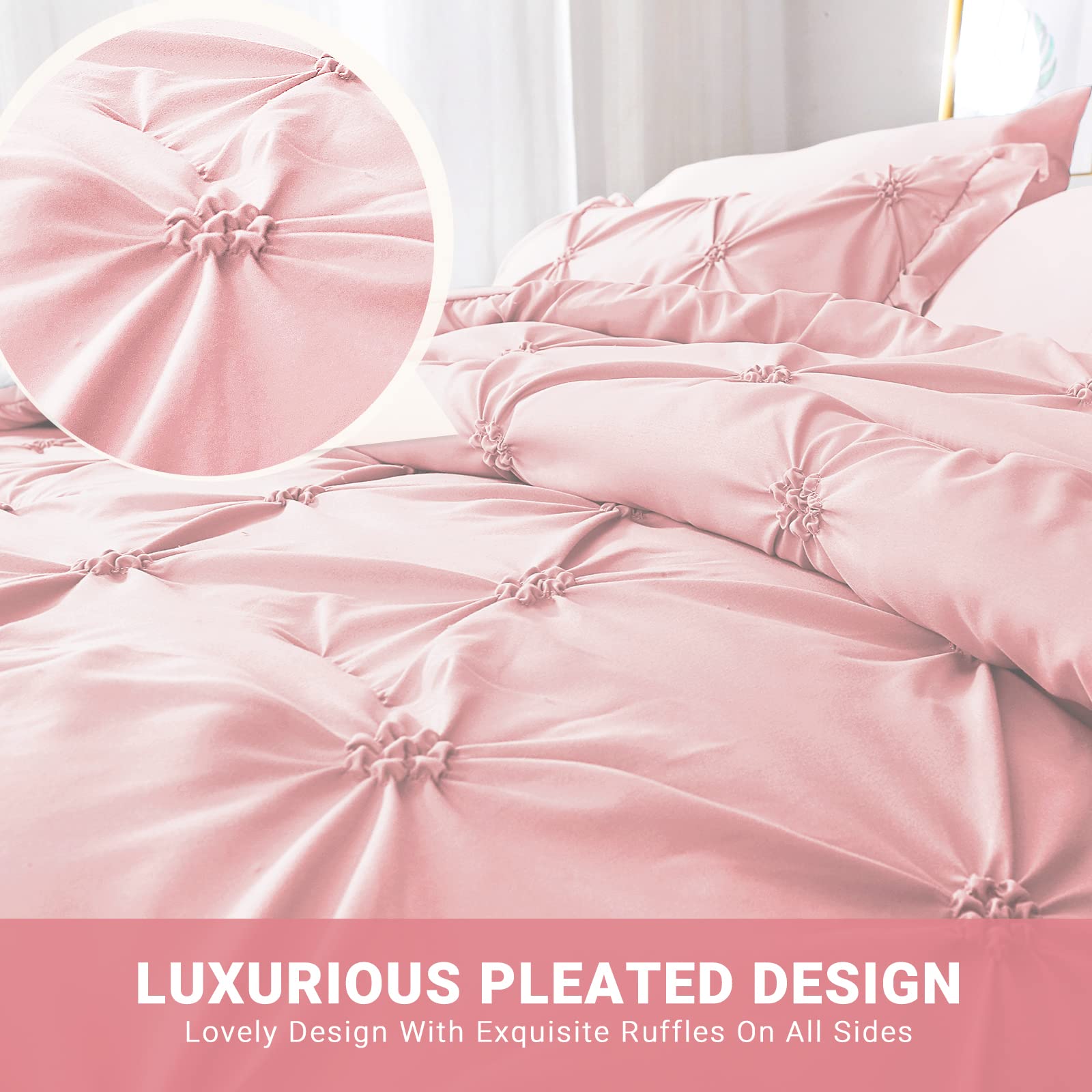 JOLLYVOGUE Queen Comforter Set 7 Pieces, Pink Bed in a Bag Comforter Set for Bedroom, Bedding Comforter Sets with Comforter, Sheets,Ruffled Shams & Pillowcases