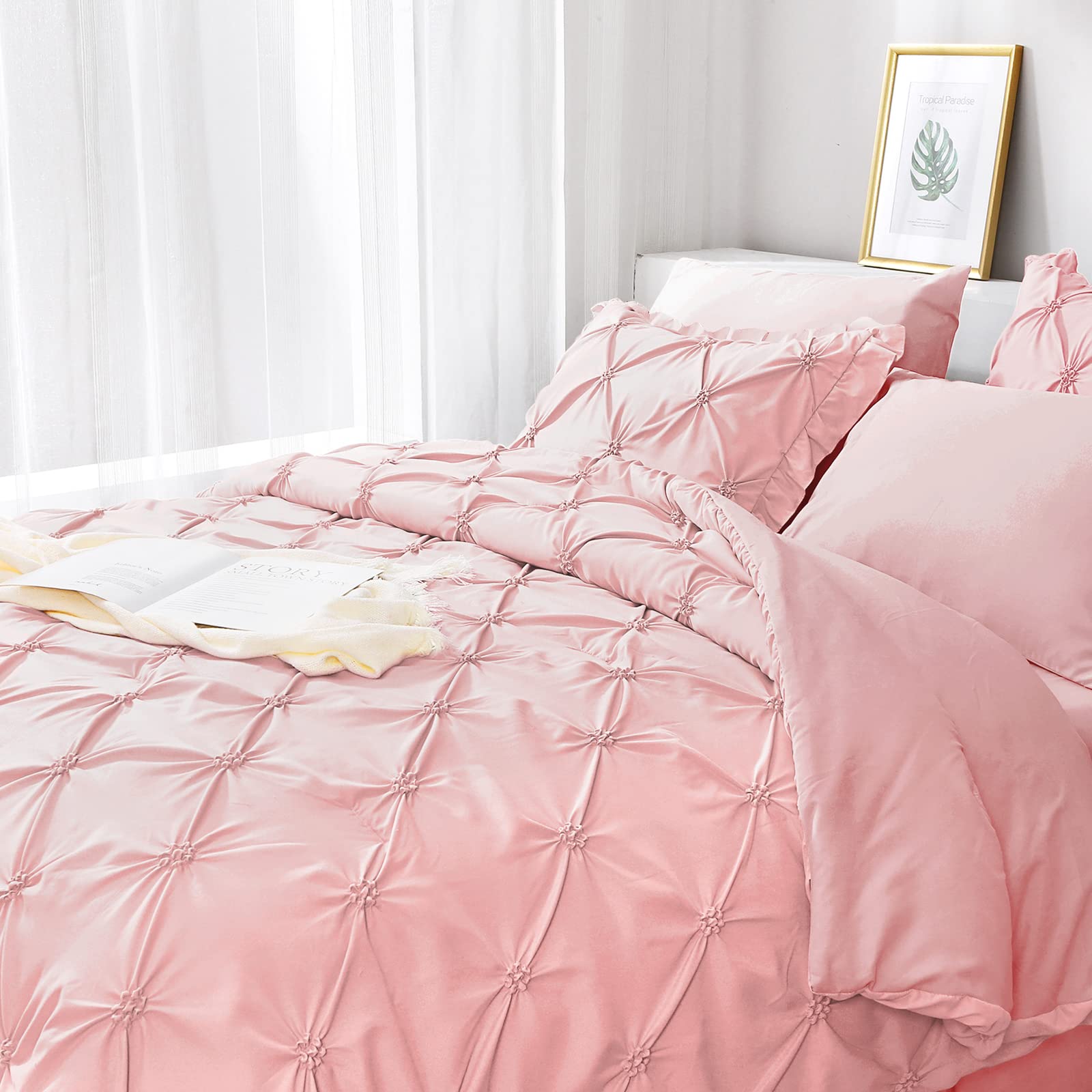 JOLLYVOGUE Queen Comforter Set 7 Pieces, Pink Bed in a Bag Comforter Set for Bedroom, Bedding Comforter Sets with Comforter, Sheets,Ruffled Shams & Pillowcases