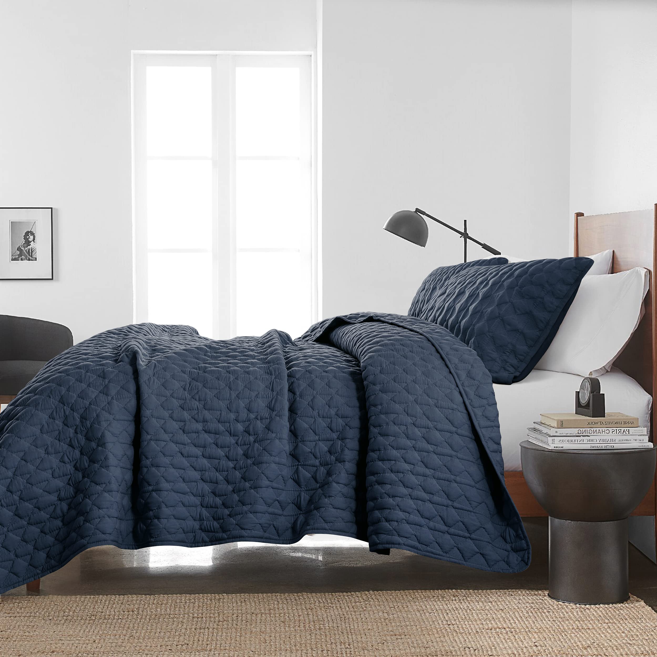 WDCOZY Navy Blue Quit Twin Size Bedding Sets with Pillow Sham, Lightweight Soft Bedspread Coverlet, Quilted Blanket Thin Comforter Bed Cover, All Season Spring Summer, 2 Pieces, 68x90 inches