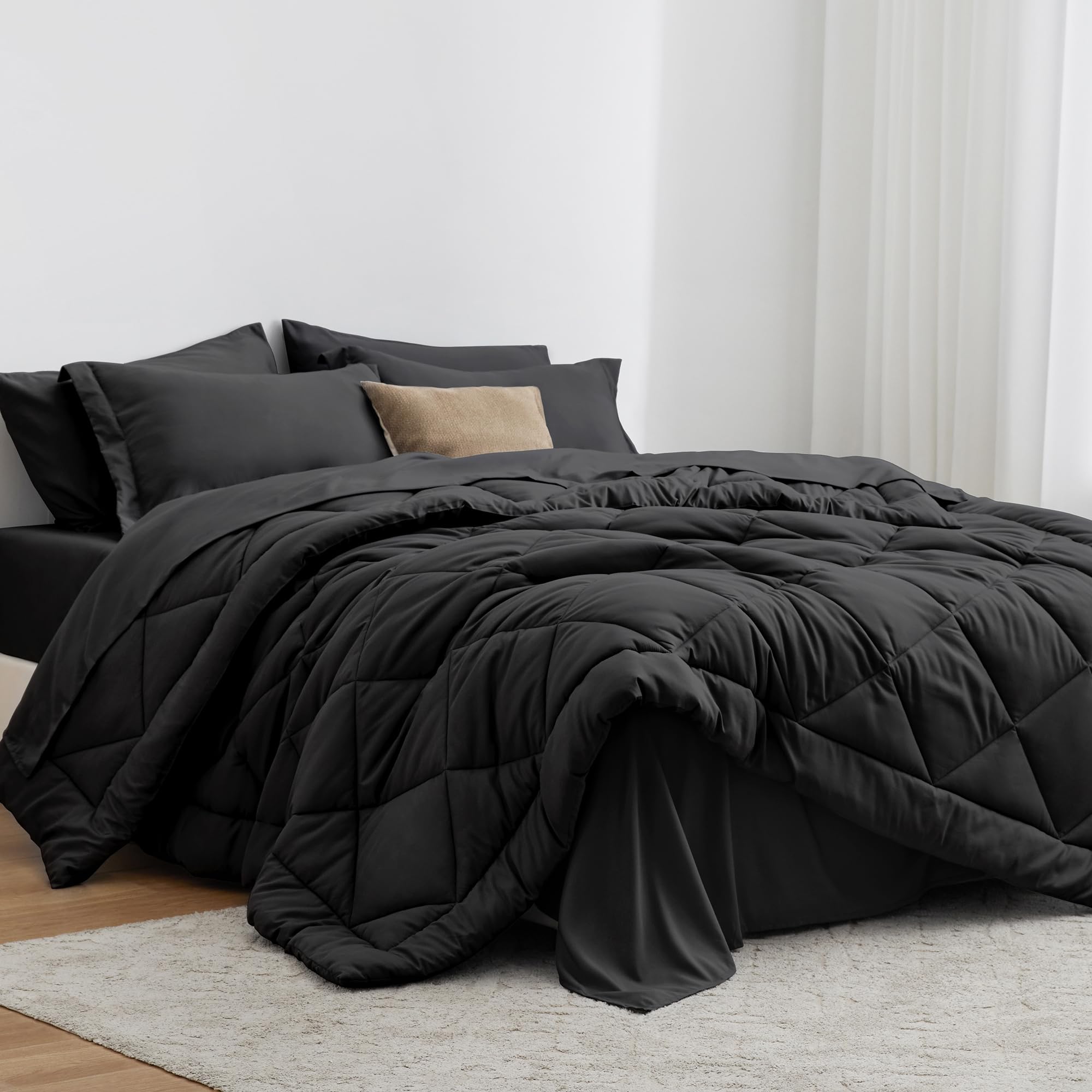 Love's cabin King Size Comforter Set Black, 7 Pieces King Bed in a Bag, All Season King Bedding Sets with 1 Comforter, 1 Flat Sheet, 1 Fitted Sheet, 2 Pillowcase and 2 Pillow Sham