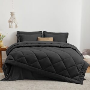 Love's cabin King Size Comforter Set Black, 7 Pieces King Bed in a Bag, All Season King Bedding Sets with 1 Comforter, 1 Flat Sheet, 1 Fitted Sheet, 2 Pillowcase and 2 Pillow Sham