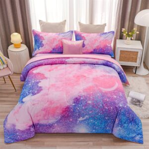 A Nice Night Galaxy Bedding Sets Outer Space Comforter 3D Printed Space Quilt Set Twin 6Pcs Glitter Pink,for Children Boy Girl Teen Kids