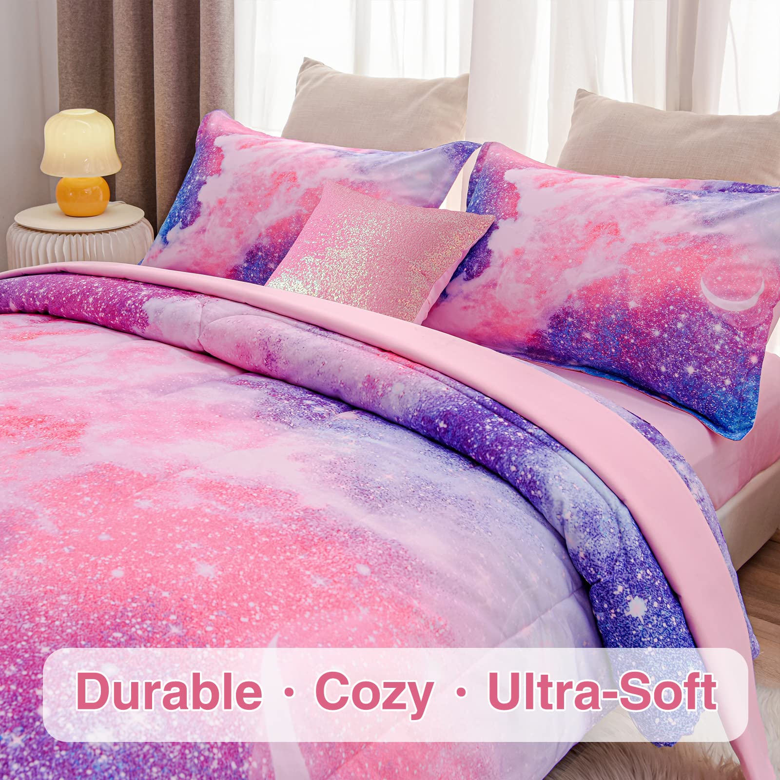 A Nice Night Galaxy Bedding Sets Outer Space Comforter 3D Printed Space Quilt Set Twin 6Pcs Glitter Pink,for Children Boy Girl Teen Kids