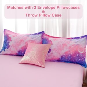 A Nice Night Galaxy Bedding Sets Outer Space Comforter 3D Printed Space Quilt Set Twin 6Pcs Glitter Pink,for Children Boy Girl Teen Kids