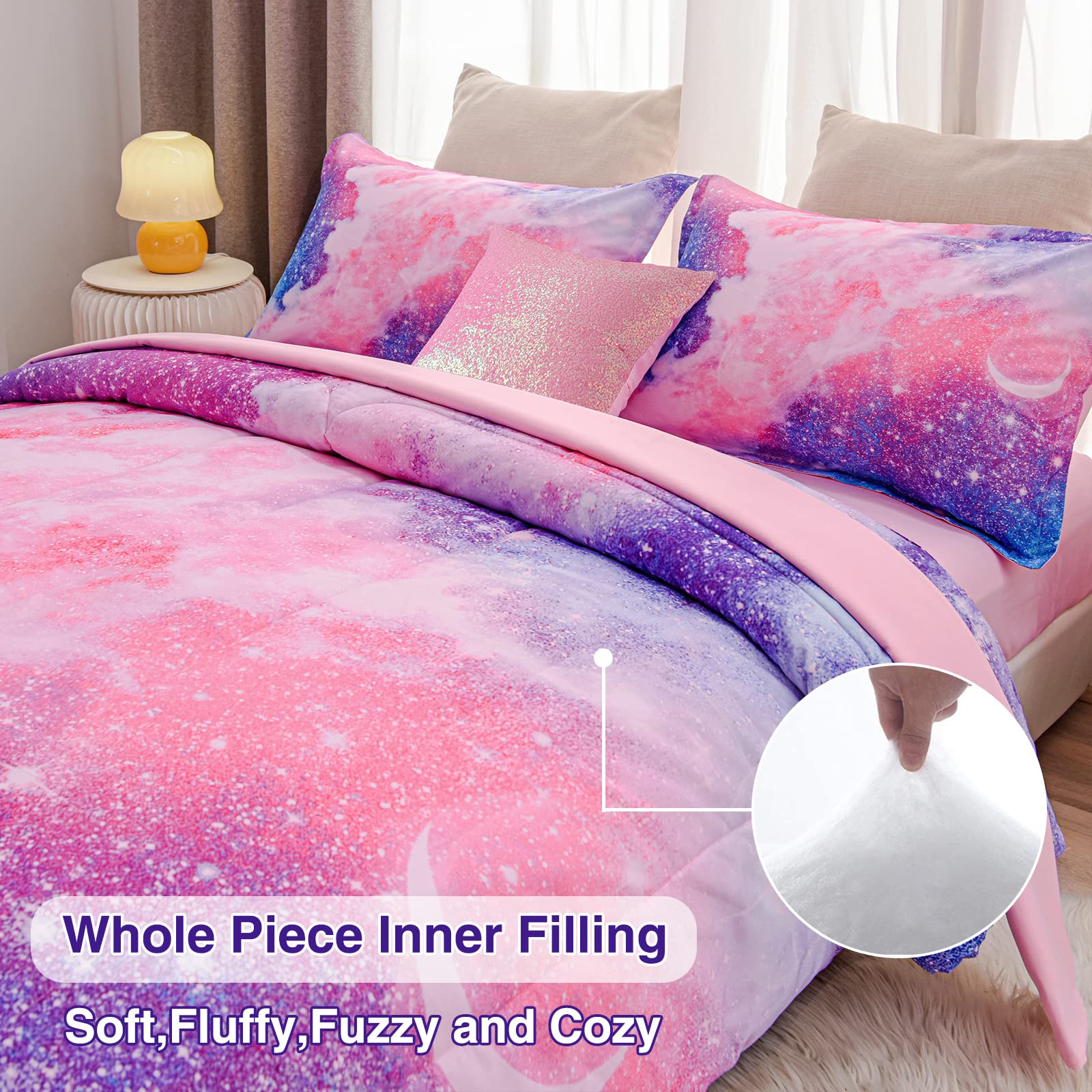 A Nice Night Galaxy Bedding Sets Outer Space Comforter 3D Printed Space Quilt Set Twin 6Pcs Glitter Pink,for Children Boy Girl Teen Kids