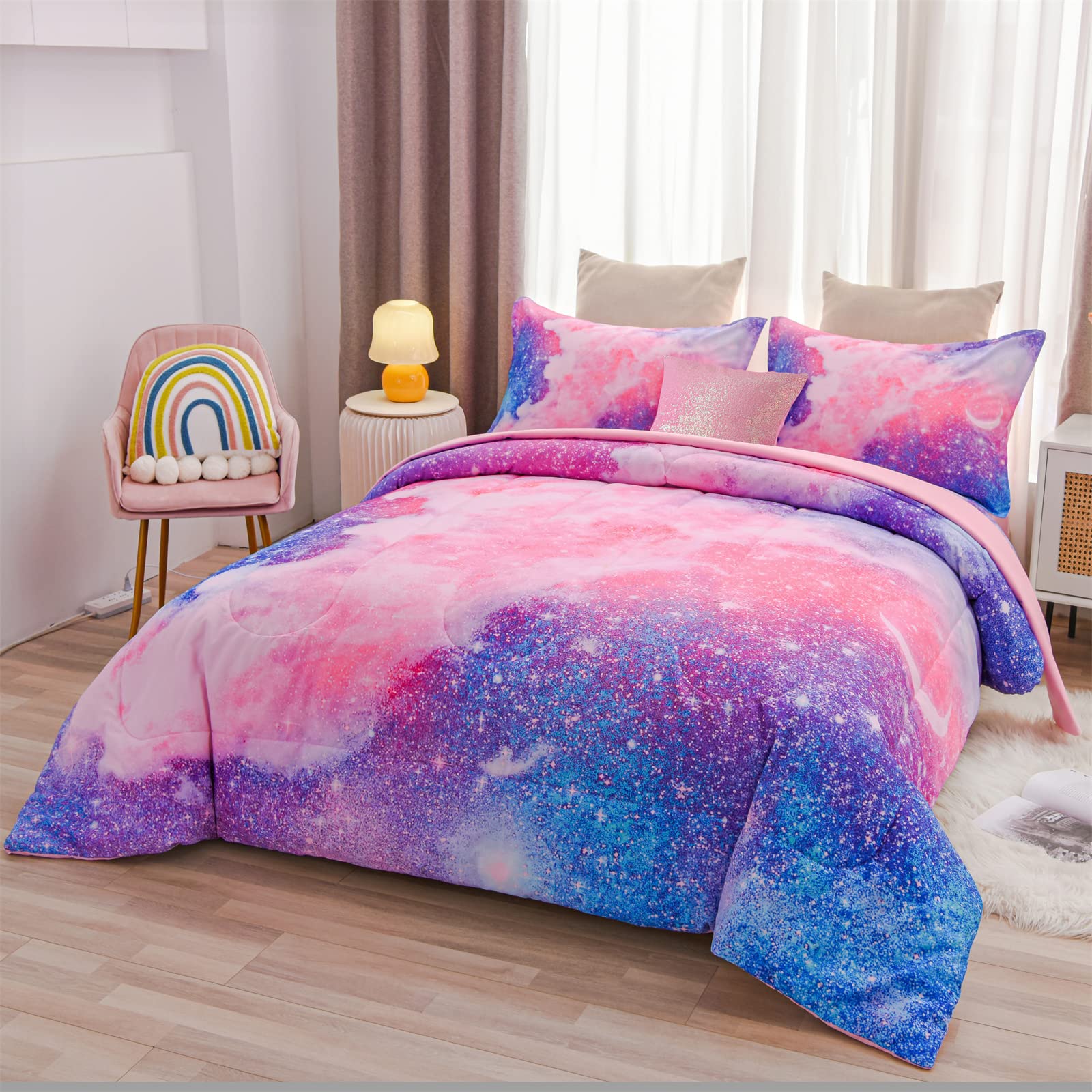 A Nice Night Galaxy Bedding Sets Outer Space Comforter 3D Printed Space Quilt Set Twin 6Pcs Glitter Pink,for Children Boy Girl Teen Kids