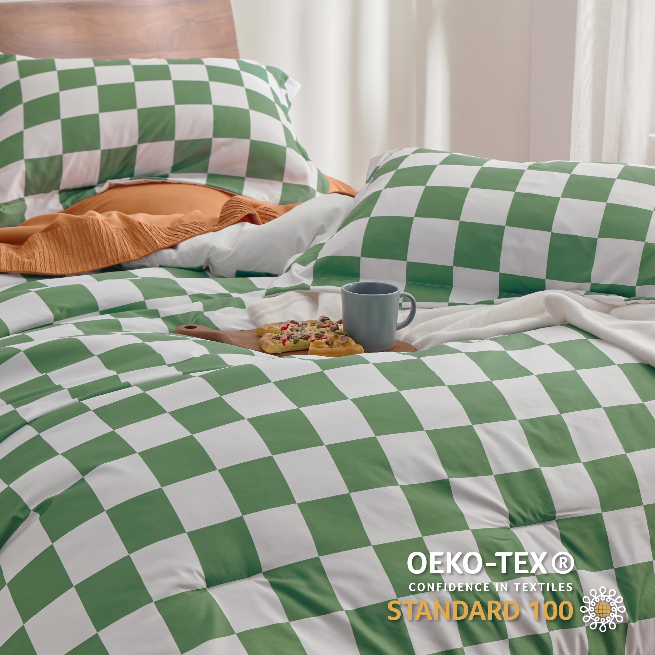 Bedsure Green Checkered Comforter Set - Bedding Comforter Set Queen, Green White Fluffy Grid Plaid Comforter, 3 Pieces, Includes 1 Comforter (90"x90") and 2 Pillow Shams (20"x26"+2")