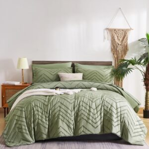 FLYMME Sage Green Queen Comforter Set with Sheets,Tufted Bed in a Bag 7 Pieces, Chevron Boho Shabby Chic Farmhouse Bedding Set,Soft Microfiber Comforter for ALL Season（Sage Green,90”*90”）