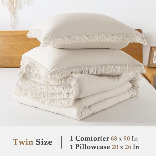 Andency Twin Comforter Set Beige, 2 Pieces Boho Tassel Kids Comforter Sets for Boys Girls Teens, Soft All Season Bedding Comforter Set (66x90In Comforter & 1 Pillowcase)