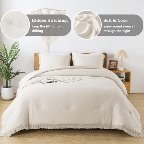 Andency Twin Comforter Set Beige, 2 Pieces Boho Tassel Kids Comforter Sets for Boys Girls Teens, Soft All Season Bedding Comforter Set (66x90In Comforter & 1 Pillowcase)