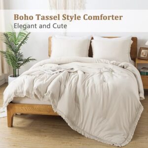 Andency Twin Comforter Set Beige, 2 Pieces Boho Tassel Kids Comforter Sets for Boys Girls Teens, Soft All Season Bedding Comforter Set (66x90In Comforter & 1 Pillowcase)