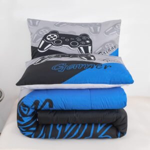 Feelyou Gaming Comforter for Boys Teen Video Game Bedding Set for Kids Gamer Comforter for All Season Gamepad Home Decor for Comforter Set King Size,1 Comforter with 2 Pillowcases Blue Black Grey