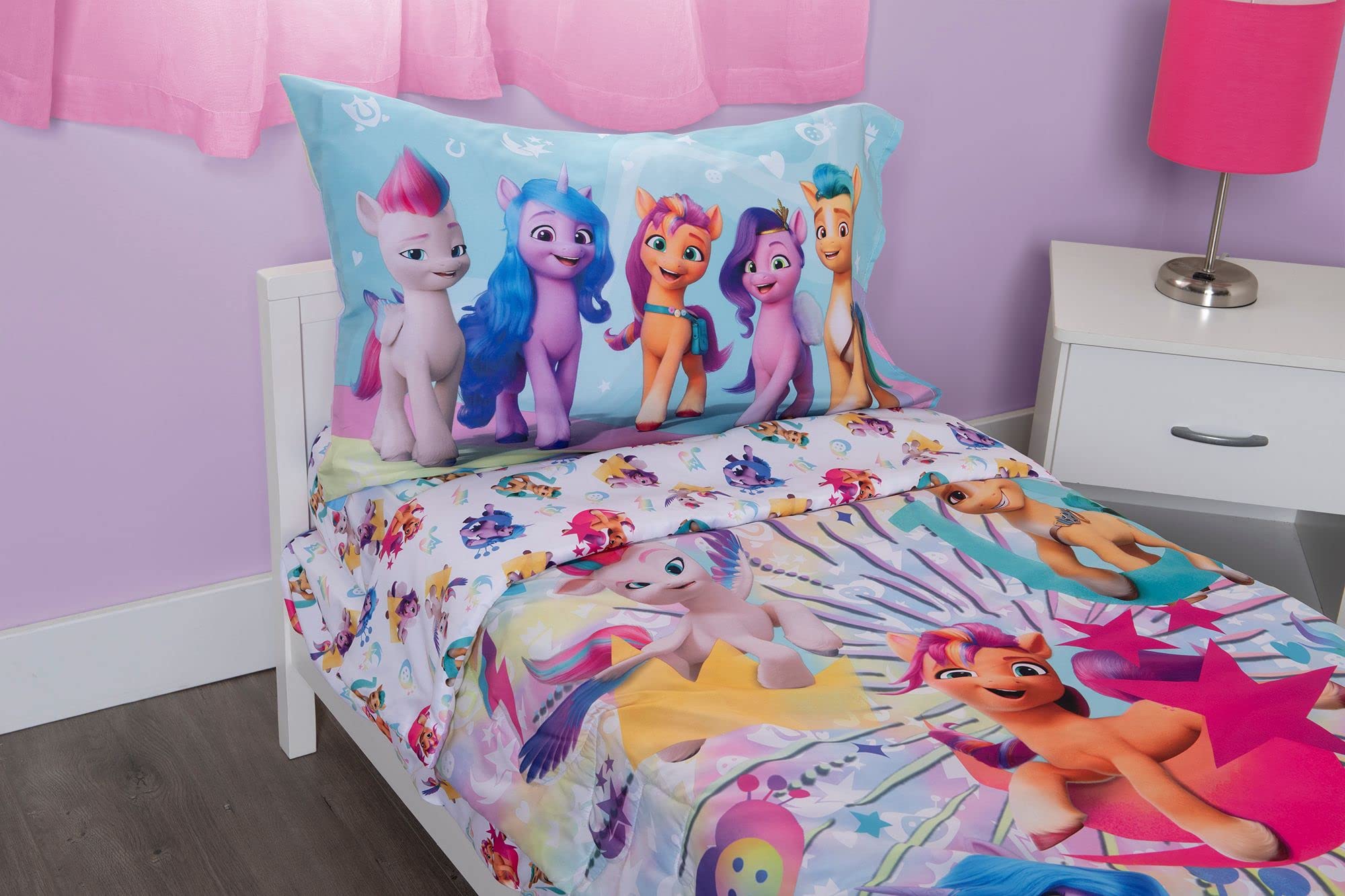 My Little Pony 4 Piece Toddler Bedding Set - includes Quilted Comforter, Fitted Sheet, Top Sheet, and Pillow Case Character Design for Toddler Bed