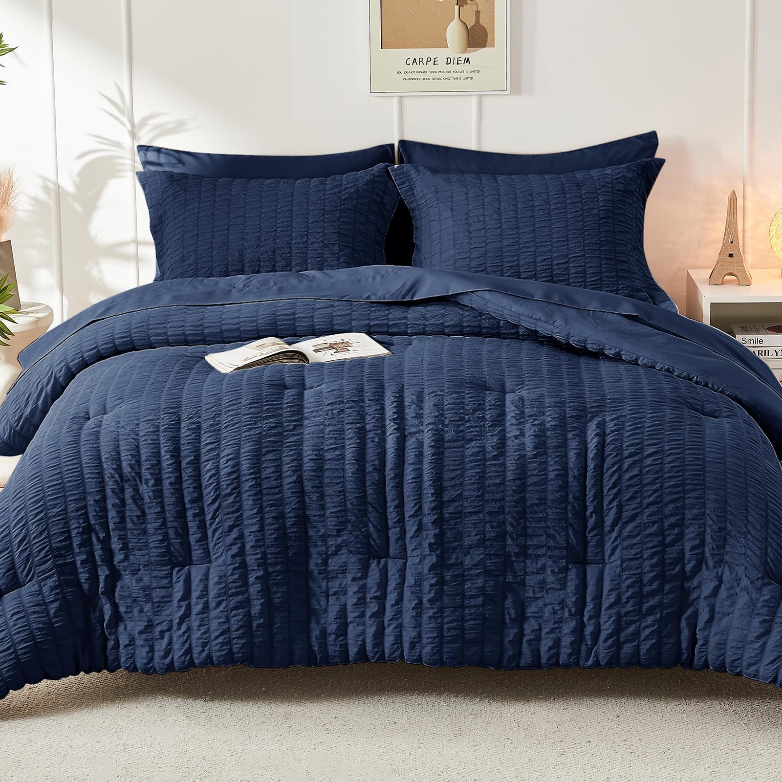 HYMOKEGE Navy Blue Full Size Comforter Sets Seersucker 7 Pieces, All Season Luxury Bed in a Bag for Bedroom, Bedding Set with Comforters, Sheets, Pillowcases & Shams