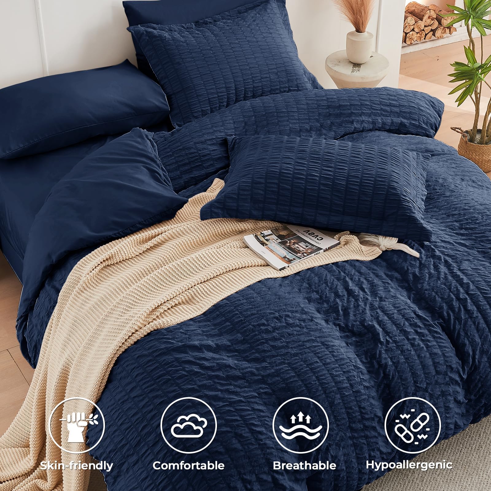 HYMOKEGE Navy Blue Full Size Comforter Sets Seersucker 7 Pieces, All Season Luxury Bed in a Bag for Bedroom, Bedding Set with Comforters, Sheets, Pillowcases & Shams