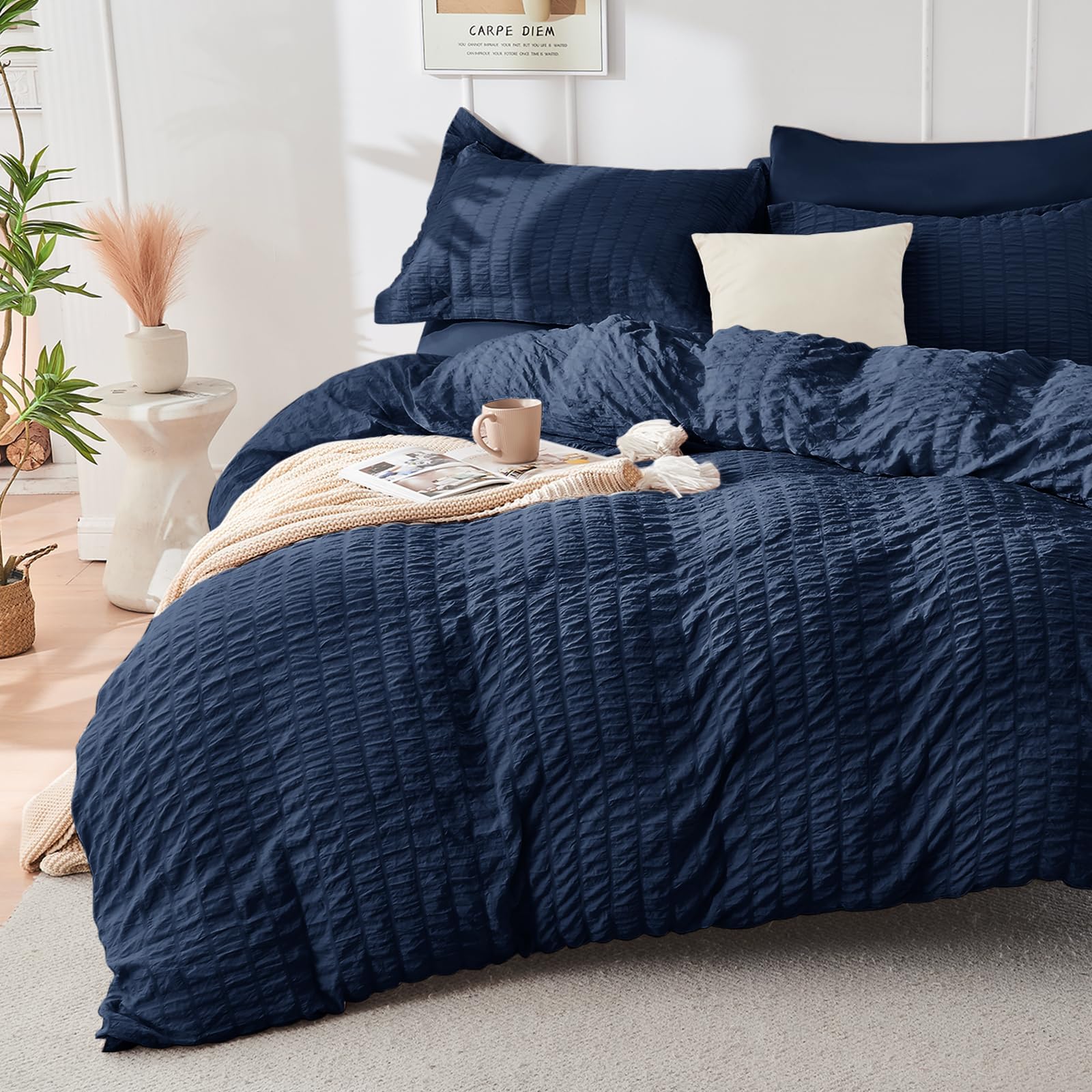 HYMOKEGE Navy Blue Full Size Comforter Sets Seersucker 7 Pieces, All Season Luxury Bed in a Bag for Bedroom, Bedding Set with Comforters, Sheets, Pillowcases & Shams