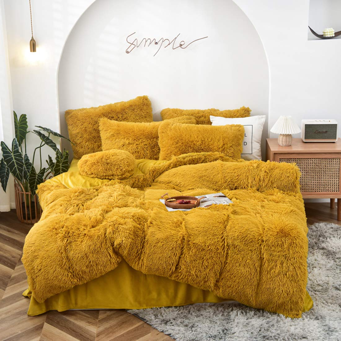 MorroMorn 5 PCS Shaggy Duvet Cover Bedding Set - Fluffy Comforter Cover Long Faux Fur Luxury Ultra Soft Cozy (Mustard Yellow, King/California King)