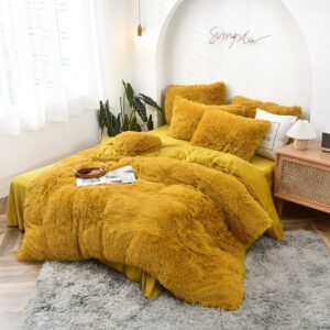 MorroMorn 5 PCS Shaggy Duvet Cover Bedding Set - Fluffy Comforter Cover Long Faux Fur Luxury Ultra Soft Cozy (Mustard Yellow, King/California King)