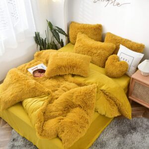 MorroMorn 5 PCS Shaggy Duvet Cover Bedding Set - Fluffy Comforter Cover Long Faux Fur Luxury Ultra Soft Cozy (Mustard Yellow, King/California King)