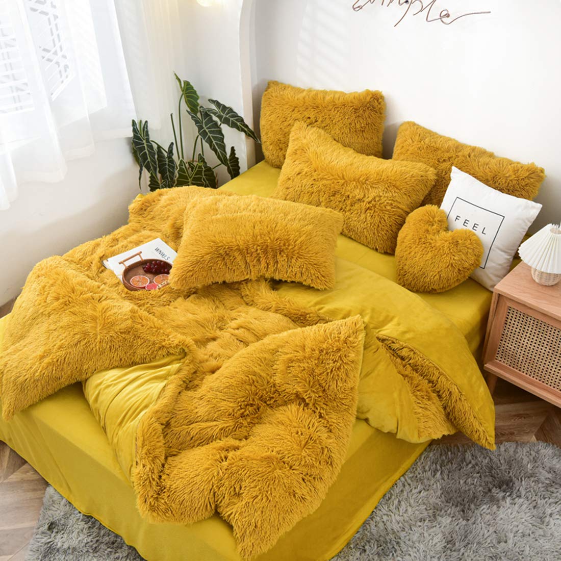 MorroMorn 5 PCS Shaggy Duvet Cover Bedding Set - Fluffy Comforter Cover Long Faux Fur Luxury Ultra Soft Cozy (Mustard Yellow, King/California King)