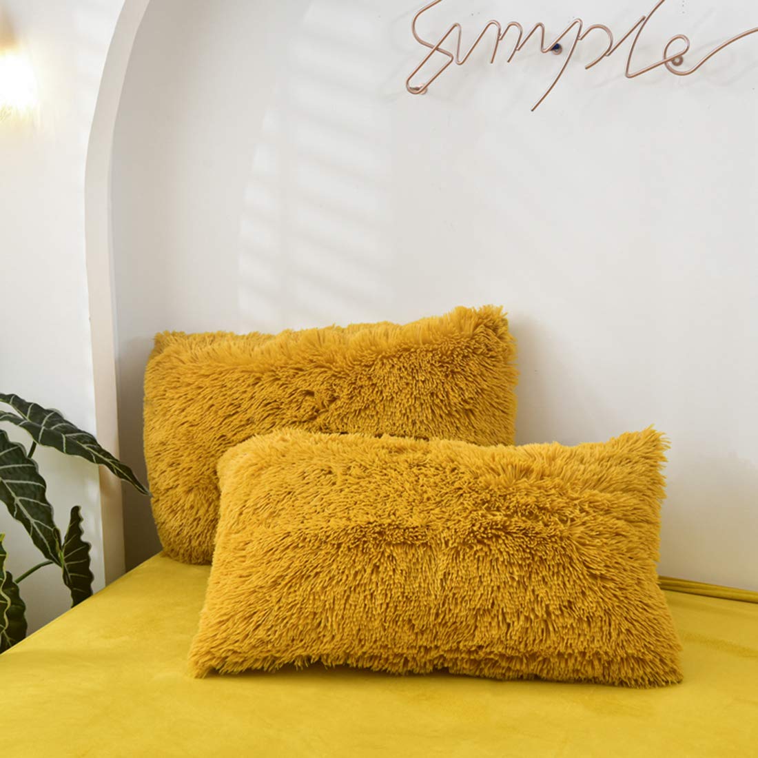 MorroMorn 5 PCS Shaggy Duvet Cover Bedding Set - Fluffy Comforter Cover Long Faux Fur Luxury Ultra Soft Cozy (Mustard Yellow, King/California King)