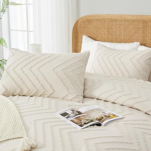 Andency King Size Comforter Set Beige, Boho Cream Soft Warm Tufted Neutral Bedding Comforter Sets for King Size Bed, 3 Pieces Aesthetic Chevron Farmhouse Cute Bohemian Textured Bedding Set