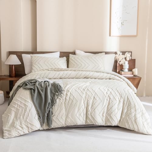 Andency King Size Comforter Set Beige, Boho Cream Soft Warm Tufted Neutral Bedding Comforter Sets for King Size Bed, 3 Pieces Aesthetic Chevron Farmhouse Cute Bohemian Textured Bedding Set