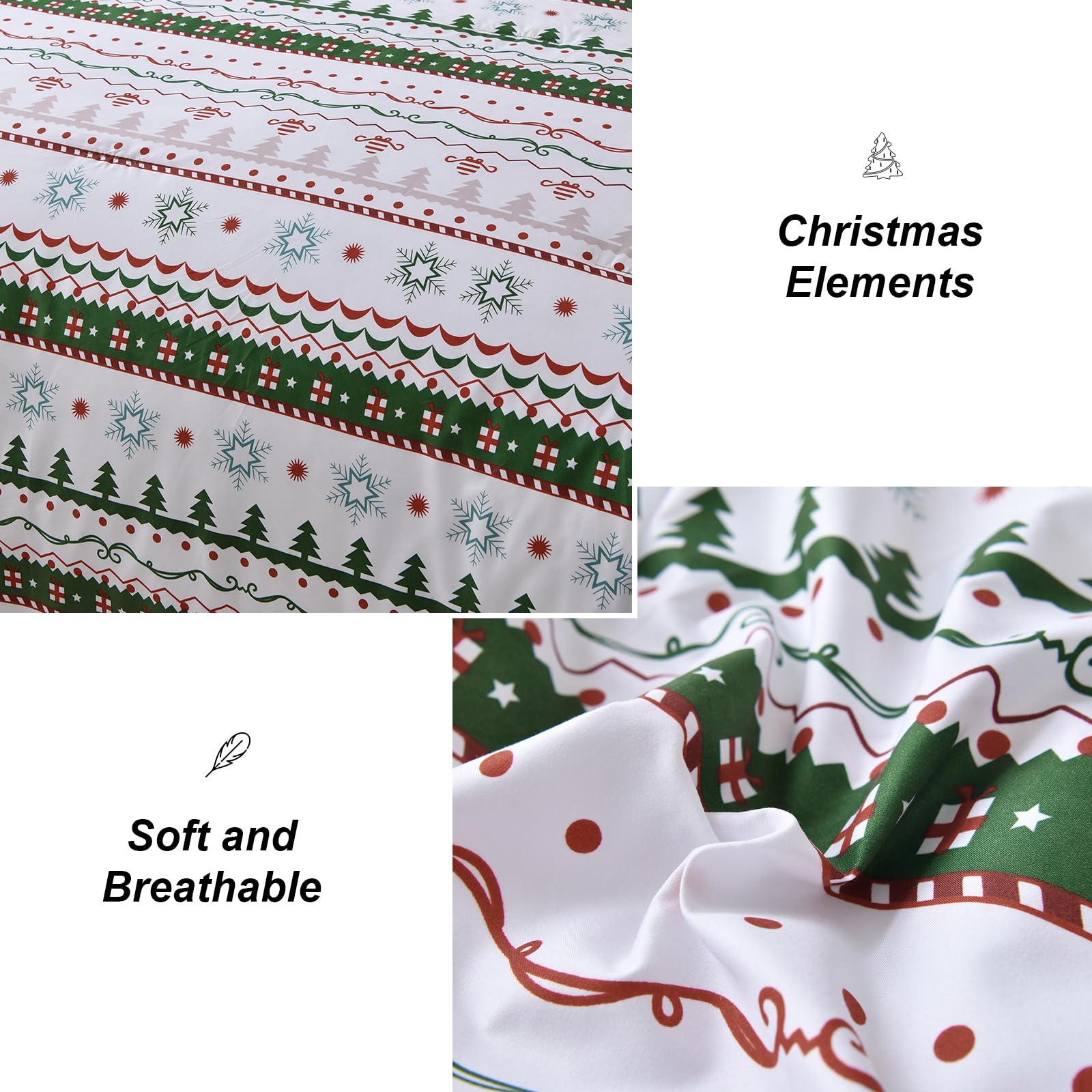 Dinjoy Christmas Comforter Set King Size, Green White Snowflake Christmas Tree Printed Pattern Holiday Bedding Set 3 Pieces, Soft Microfiber Xmas Holiday New Year Gift Bed Comforter 104" x 90"